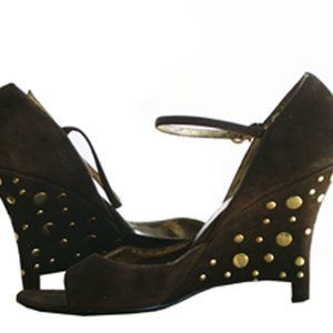 Ann Marino Brown Studded Suede Wedge Peep Toe Platform Shoes Ankle Strap -Size 8